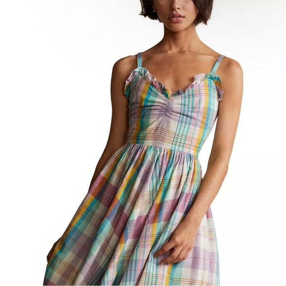NWT $248 Polo Ralph Lauren Multicolor Madras Plaid Ruffle Midi Dress Size 14 - Picture 3 of 17